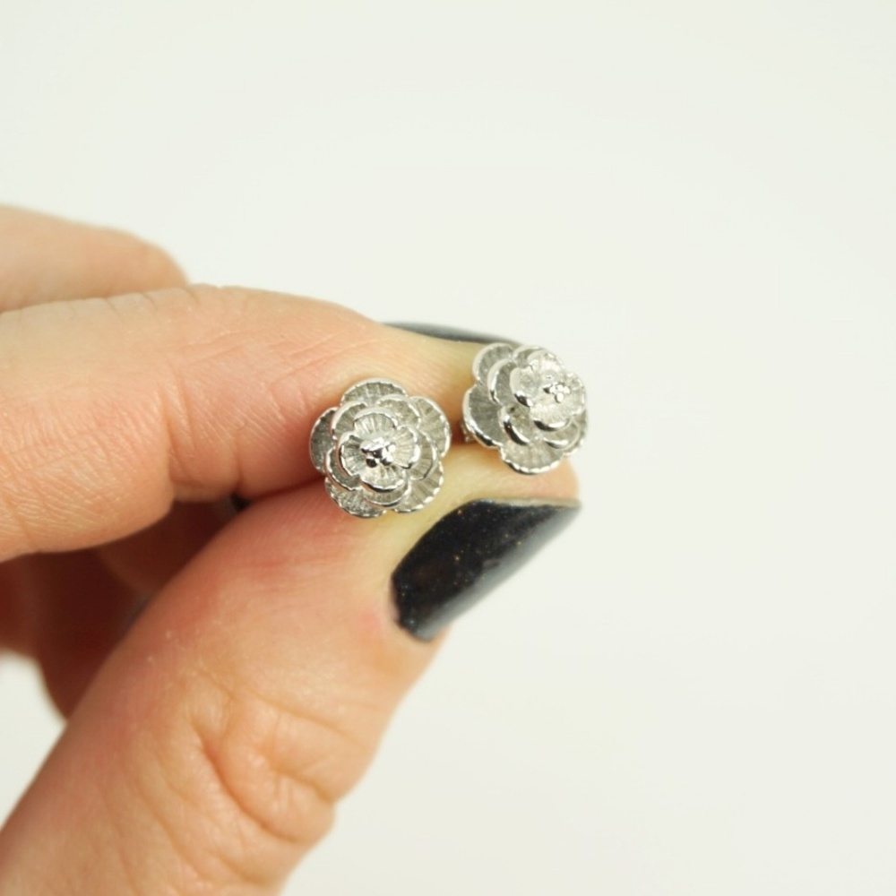 .925 Sterling Plated Flower Stud Earrings - Picture 2 of 5